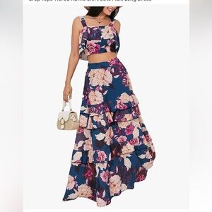 NWOT- Women's 2 Piece Outfit Floral Print Crop Top Tiered Ruffle Maxi Skirt